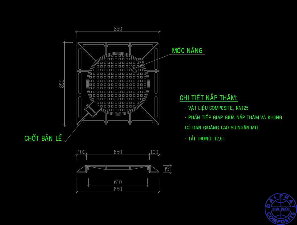 Bản vẽ kỹ thuật nắp hố ga composite 800x800 khung dương nắp tròn